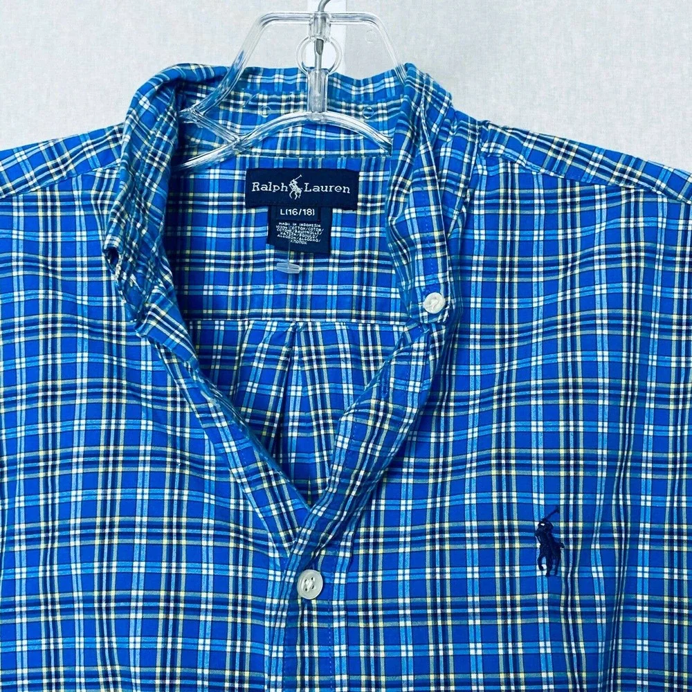 Ralph‎ Lauren Boy's Oxford Shirt Blue Plaid Collared Long Sleeve Size Large